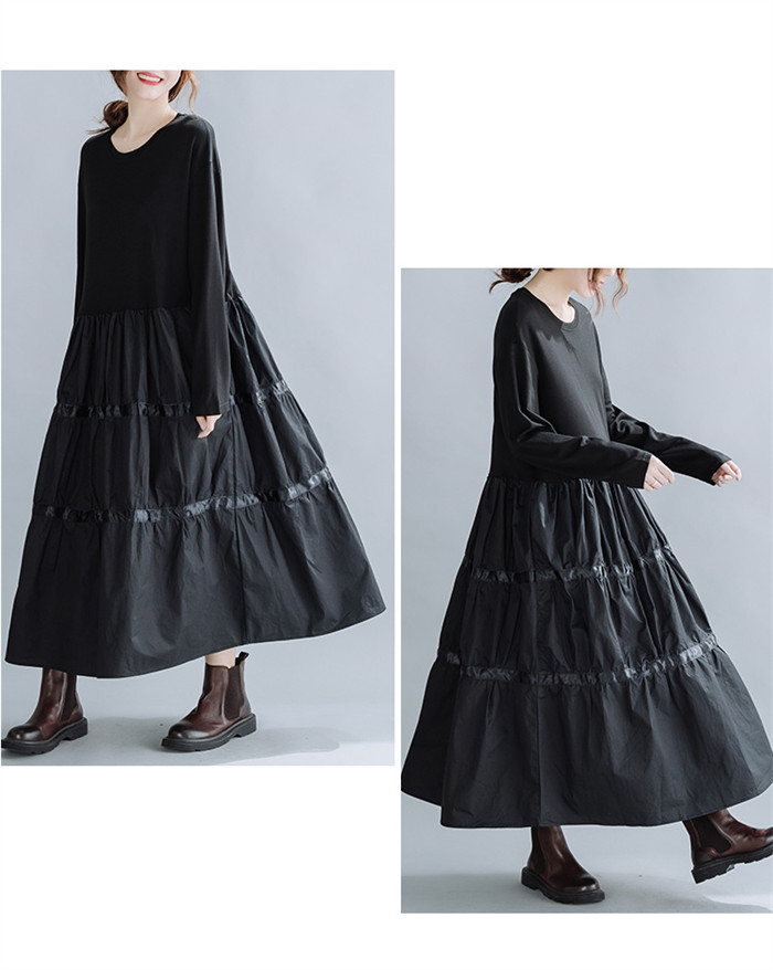 <br>ティアードワンピース 長袖 秋 ティアード フレア ロングワンピース レディース 大きいサイズ マキシワンピース Uネック ゆったり 体型カバー ロング丈 ビッグシルエット