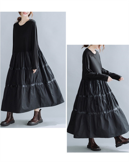 <br>ティアードワンピース 長袖 秋 ティアード フレア ロングワンピース レディース 大きいサイズ マキシワンピース Uネック ゆったり 体型カバー ロング丈 ビッグシルエット