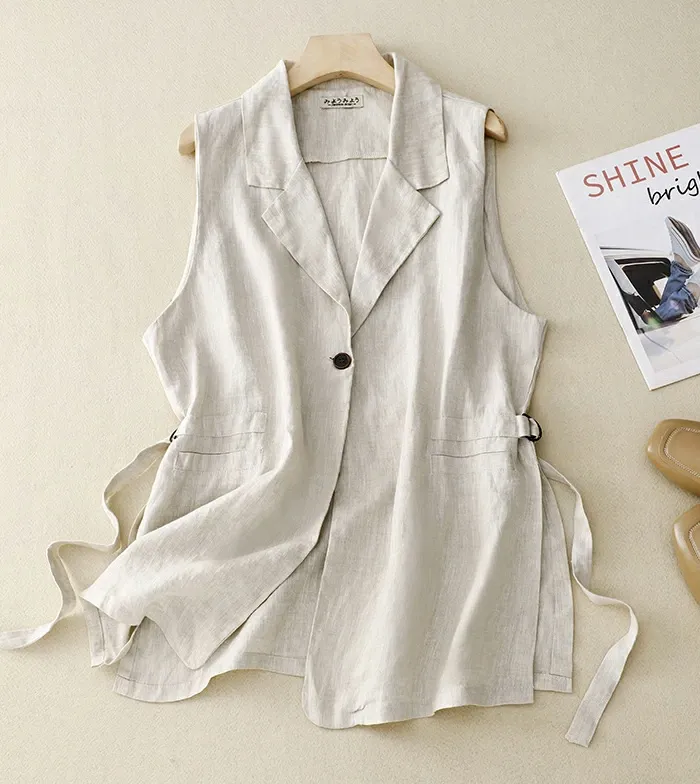ジレ レディース 春夏 ベスト 前開き ロングジレ ロングベスト リネン 大きいサイズ 麻 綿麻 サイドスリット 開襟 ボタン飾り スリット入り ゆったり カーディガン 羽織り おしゃれ 体型カバー 送料無料