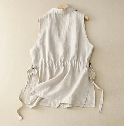 ジレ レディース 春夏 ベスト 前開き ロングジレ ロングベスト リネン 大きいサイズ 麻 綿麻 サイドスリット 開襟 ボタン飾り スリット入り ゆったり カーディガン 羽織り おしゃれ 体型カバー 送料無料