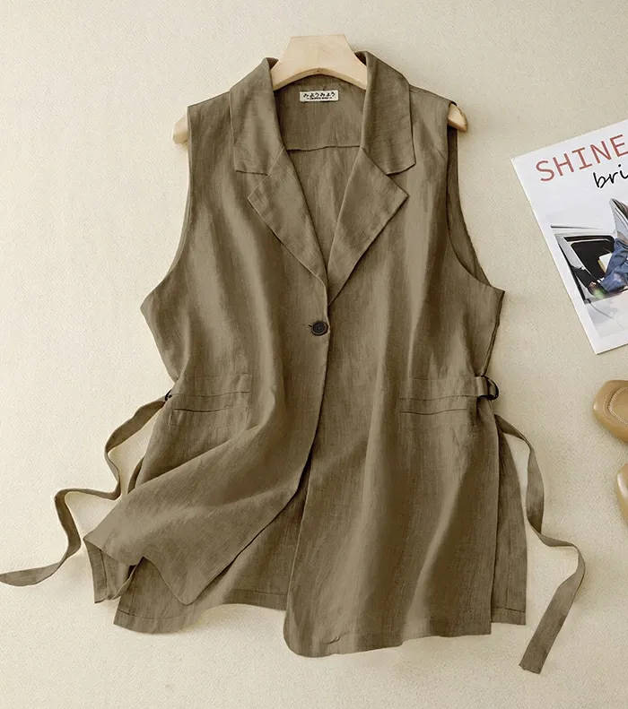 ジレ レディース 春夏 ベスト 前開き ロングジレ ロングベスト リネン 大きいサイズ 麻 綿麻 サイドスリット 開襟 ボタン飾り スリット入り ゆったり カーディガン 羽織り おしゃれ 体型カバー 送料無料