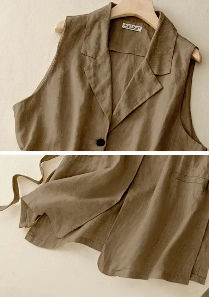 ジレ レディース 春夏 ベスト 前開き ロングジレ ロングベスト リネン 大きいサイズ 麻 綿麻 サイドスリット 開襟 ボタン飾り スリット入り ゆったり カーディガン 羽織り おしゃれ 体型カバー 送料無料