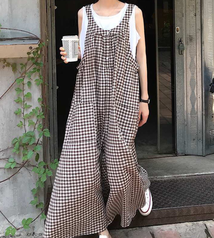 サロペット　チェック柄　パンツ　ワイドパンツ　レディース　オールインワン　オーバーオール　ジャンパー　サロペットパンツ　オーバーサイズ　大きいサイズ 　カジュアル　リラックス　きれいめ　ゆったり