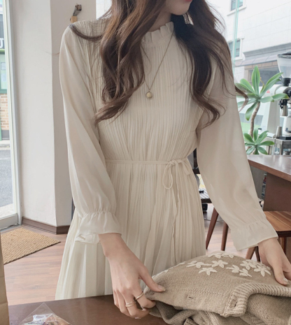 シフォンワンピース　ワンピース　ミモレ丈　シフォン　長袖　ロングワンピース　ギャザー　大きいサイズ　結婚式　二次会　お出かけ　お呼ばれ　おしゃれ　可愛い　大人　上品　カジュアル