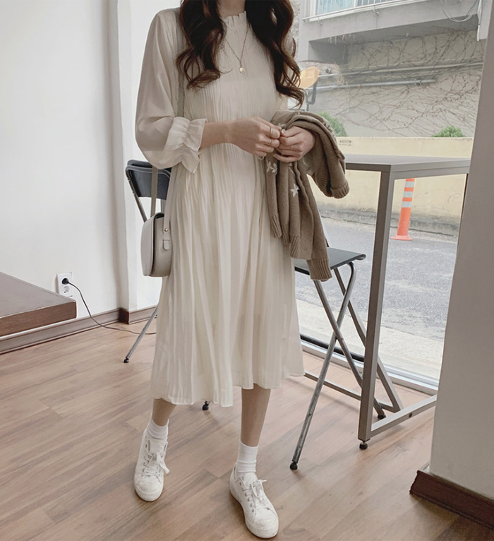 シフォンワンピース　ワンピース　ミモレ丈　シフォン　長袖　ロングワンピース　ギャザー　大きいサイズ　結婚式　二次会　お出かけ　お呼ばれ　おしゃれ　可愛い　大人　上品　カジュアル