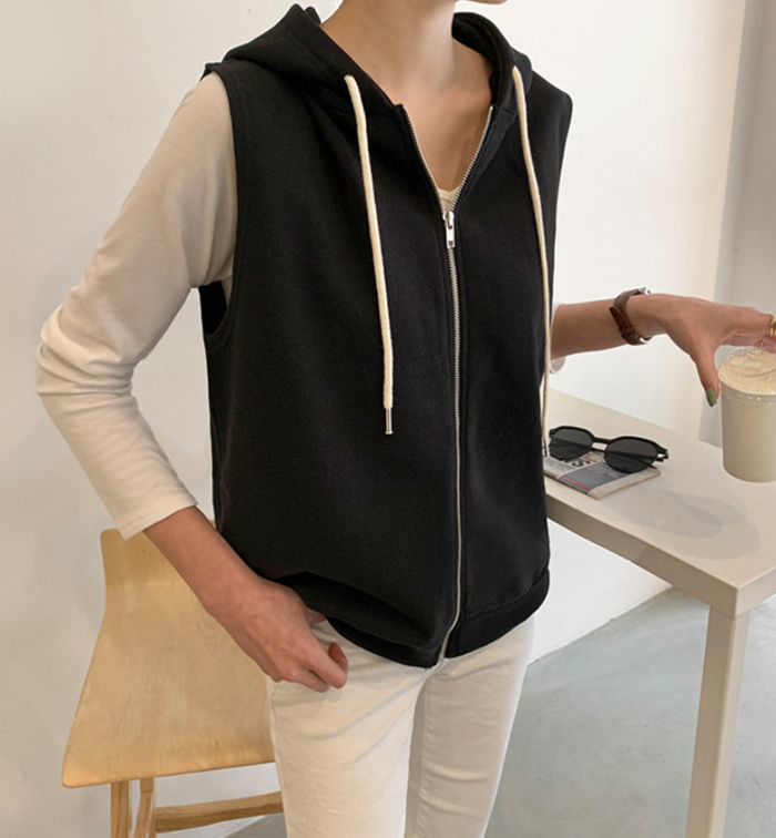 パーカーベスト ベスト パーカー レディース 春 秋 前開き トップス フード付き ジップアップ ノースリーブ ゆったり カットソーベスト 重ね着 レイヤード スウェット アウター お洒落 カジュアル 体型カバー