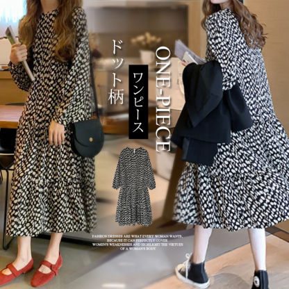 シフォンワンピース　ミモレ丈　ロングワンピース　ドット柄　水玉　ワンピース　長袖　シフォン　ティアード　大きいサイズ　結婚式　二次会　お出かけ　お呼ばれ　おしゃれ　可愛い　大人　上品　カジュアル