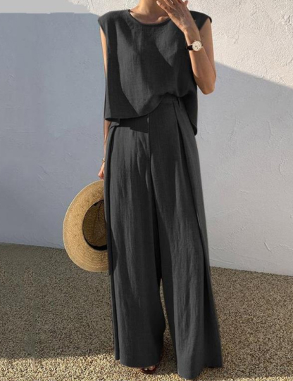 セットアップ 綿麻 レディース コットンリネン パンツドレス パンツスーツ ノースリーブ 春夏 夏 無地 女の子 日常デート 通勤 卒業式 ガウチョパンツ ワイドパンツ 体型カバー ゆったり 脚長効果 欧米風 カジュアル 大きいサイズ 3L 4L 5L