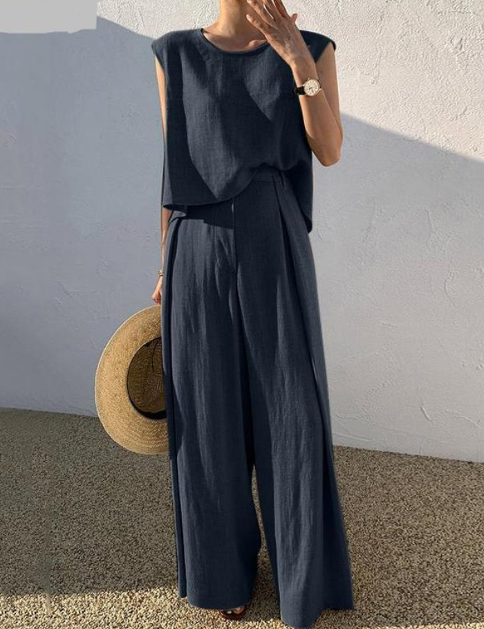 セットアップ 綿麻 レディース コットンリネン パンツドレス パンツスーツ ノースリーブ 春夏 夏 無地 女の子 日常デート 通勤 卒業式 ガウチョパンツ ワイドパンツ 体型カバー ゆったり 脚長効果 欧米風 カジュアル 大きいサイズ 3L 4L 5L