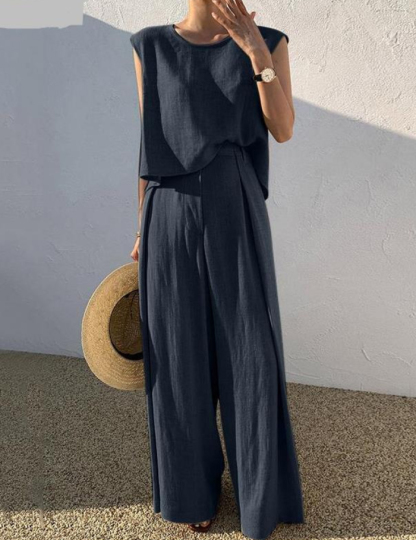 セットアップ 綿麻 レディース コットンリネン パンツドレス パンツスーツ ノースリーブ 春夏 夏 無地 女の子 日常デート 通勤 卒業式 ガウチョパンツ ワイドパンツ 体型カバー ゆったり 脚長効果 欧米風 カジュアル 大きいサイズ 3L 4L 5L