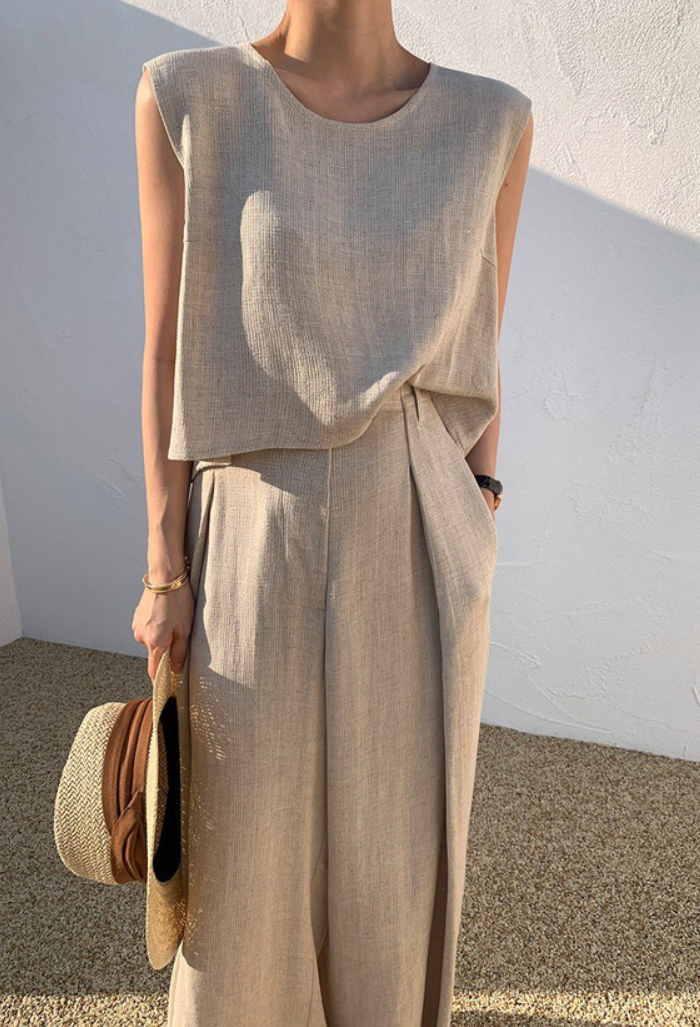 セットアップ 綿麻 レディース コットンリネン パンツドレス パンツスーツ ノースリーブ 春夏 夏 無地 女の子 日常デート 通勤 卒業式 ガウチョパンツ ワイドパンツ 体型カバー ゆったり 脚長効果 欧米風 カジュアル 大きいサイズ 3L 4L 5L