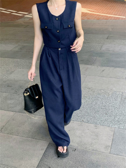 <br>セットアップ レディース パンツスーツ ノースリーブ スクエアネック 春夏 夏 無地 女の子卒業式 ガウチョパンツ ベスト キャミソール ワイドパンツ 体型カバー ゆったり ハイウエスト