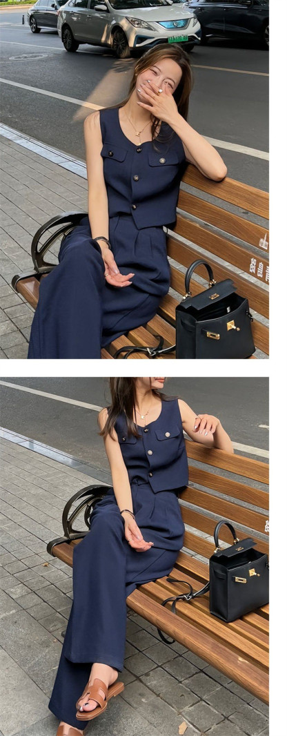 <br>セットアップ レディース パンツスーツ ノースリーブ スクエアネック 春夏 夏 無地 女の子卒業式 ガウチョパンツ ベスト キャミソール ワイドパンツ 体型カバー ゆったり ハイウエスト