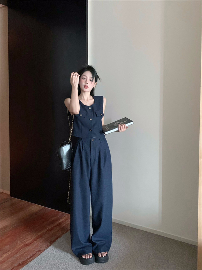 <br>セットアップ レディース パンツスーツ ノースリーブ スクエアネック 春夏 夏 無地 女の子卒業式 ガウチョパンツ ベスト キャミソール ワイドパンツ 体型カバー ゆったり ハイウエスト
