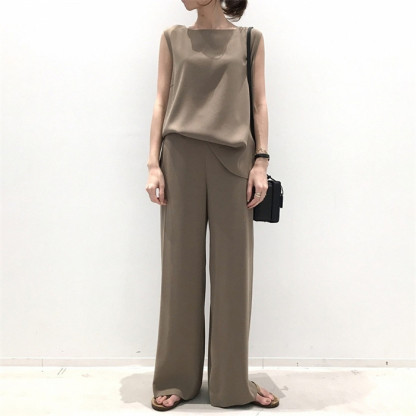 セットアップ レディース 綿麻 コットンリネン パンツスーツ ノースリーブ 春夏 夏 無地 女の子 日常デー 通勤 卒業式 ガウチョパンツ ワイドパンツ 体型カバー ゆったり