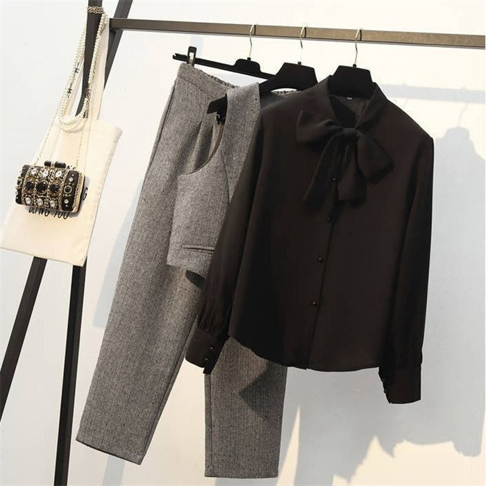 <br> セットアップ 3点セット パンツスーツ レディース ツイード スーツ ベスト ジレ パンツ シャツ 上下セット フォーマル アンクルパンツ ロングパンツ 長袖 通勤 OL 女性らしい