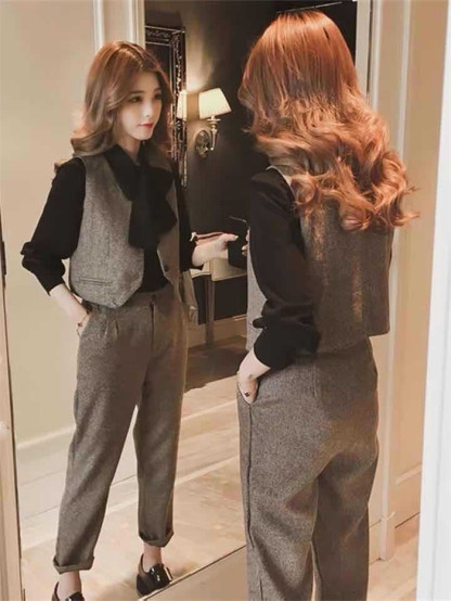 <br> セットアップ 3点セット パンツスーツ レディース ツイード スーツ ベスト ジレ パンツ シャツ 上下セット フォーマル アンクルパンツ ロングパンツ 長袖 通勤 OL 女性らしい