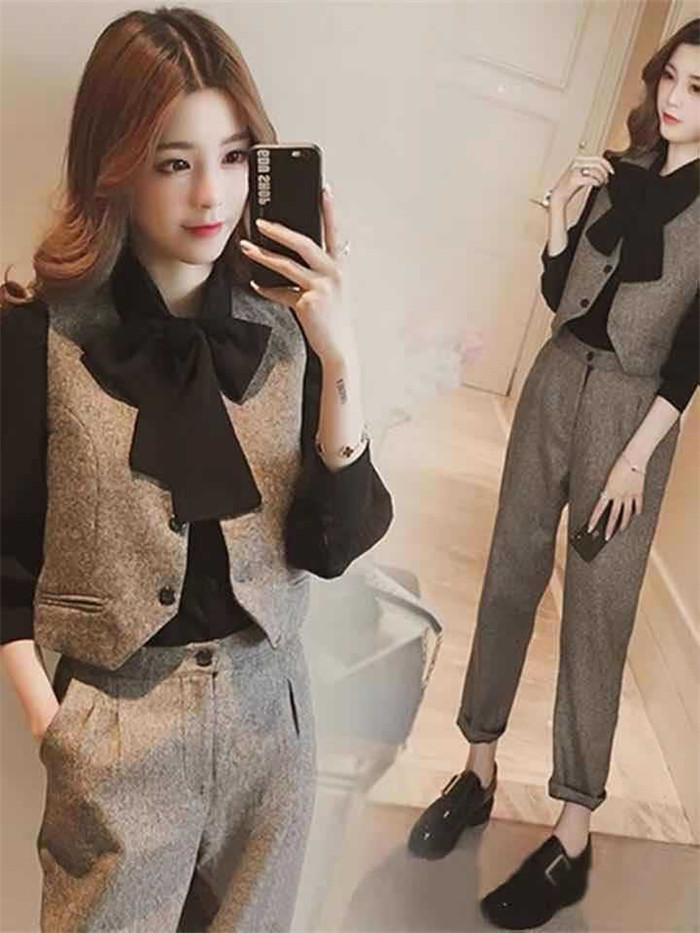<br> セットアップ 3点セット パンツスーツ レディース ツイード スーツ ベスト ジレ パンツ シャツ 上下セット フォーマル アンクルパンツ ロングパンツ 長袖 通勤 OL 女性らしい