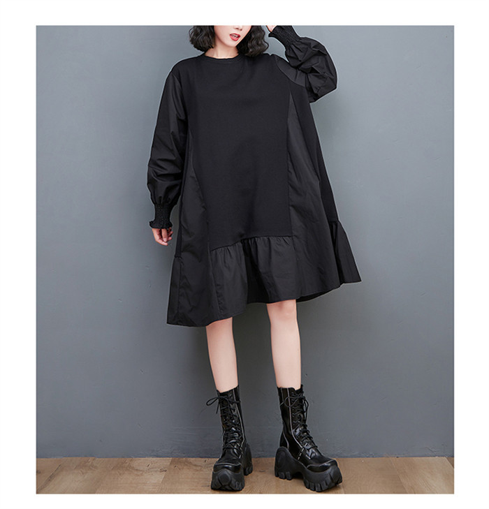 <br>ワンピース 長袖 チュニックワンピ バルーンスリープ 春秋 レディース きれいめ ぽわん袖 ゆったり 異素材 着やせ ロングワンピース ミモレ丈 ミモレワンピース 体型カバー ビッグシルエット パッチワーク カジュアル 大きいサイズ 送料無料