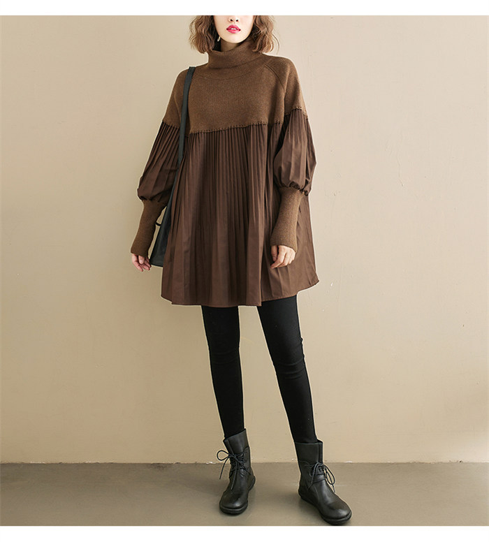 <br>ワンピース 長袖 チュニックワンピ プリーツワンピース プリーツ ニット ニットワンピース リブスリープ バルーンスリープ 春秋 レディース きれいめ ぽわん袖 ゆったり 異素材 着やせ 無地 体型カバー ビッグシルエット カジュアル 送料無料