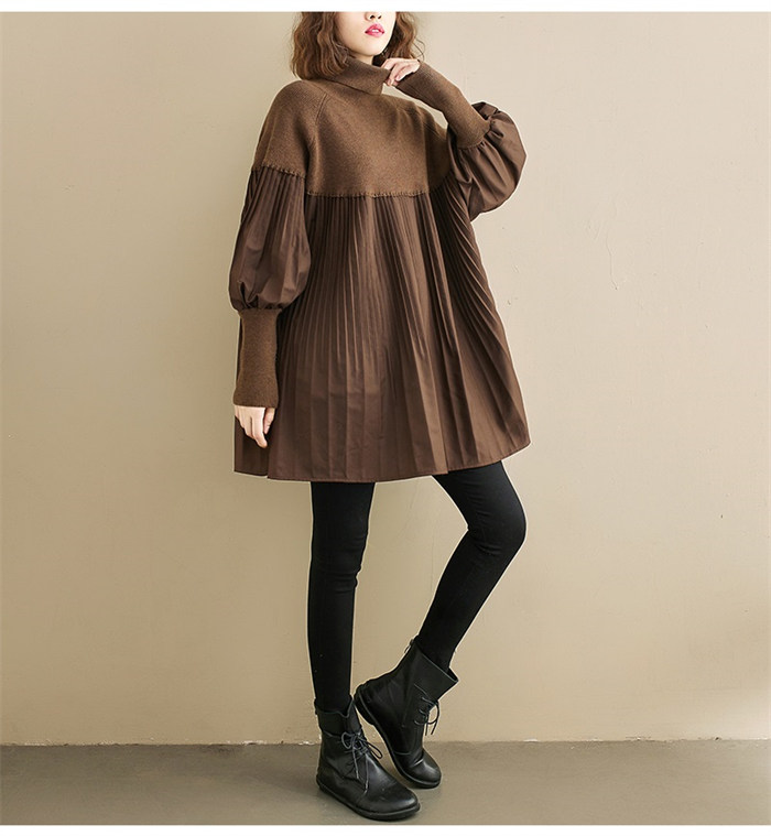 <br>ワンピース 長袖 チュニックワンピ プリーツワンピース プリーツ ニット ニットワンピース リブスリープ バルーンスリープ 春秋 レディース きれいめ ぽわん袖 ゆったり 異素材 着やせ 無地 体型カバー ビッグシルエット カジュアル 送料無料