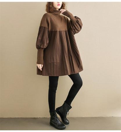 <br>ワンピース 長袖 チュニックワンピ プリーツワンピース プリーツ ニット ニットワンピース リブスリープ バルーンスリープ 春秋 レディース きれいめ ぽわん袖 ゆったり 異素材 着やせ 無地 体型カバー ビッグシルエット カジュアル 送料無料