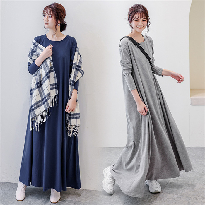<br>ロングワンピース 長袖 マキシ丈ワンピ Tシャツ 無地 抜け感 ドロップショルダー 細見え オーバーサイズ ビッグサイズ 大きいサイズ ゆるT 大人カジュアル シンプル 長め丈 秋 マキシワンピ 丸襟 柔らかい 体型カバー プルオーバー 送料無料 着痩せ