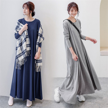 <br>ロングワンピース 長袖 マキシ丈ワンピ Tシャツ 無地 抜け感 ドロップショルダー 細見え オーバーサイズ ビッグサイズ 大きいサイズ ゆるT 大人カジュアル シンプル 長め丈 秋 マキシワンピ 丸襟 柔らかい 体型カバー プルオーバー 送料無料 着痩せ