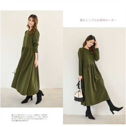 <br>ワンピース 長袖 クルーネック 丸襟 スウェット素材 秋 ロングワンピース レディース マキシ丈 マキシワンピース 伸縮性 柔らかい 無地 カジュアル 体型カバー 大きいサイズ 秋 夏 プルオーバー プリーツ Aライン 大人可愛い 送料無料 着痩せ