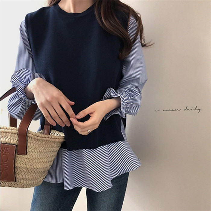 <br>ニットシャツ 2点セット ニットベスト レイヤード シャツ×ニット セットアップ ニット チュニック ストライプ ブラウス シャツ 長袖 重ね着 バックスリット トップス 大人可愛い レディース ベスト 秋 韓国風 chic ゆったり 秋冬 大きいサイズ カジュアル 送料無料