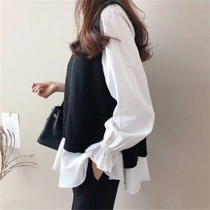 <br>ニットシャツ 2点セット ニットベスト レイヤード シャツ×ニット セットアップ ニット チュニック ストライプ ブラウス シャツ 長袖 重ね着 バックスリット トップス 大人可愛い レディース ベスト 秋 韓国風 chic ゆったり 秋冬 大きいサイズ カジュアル 送料無料