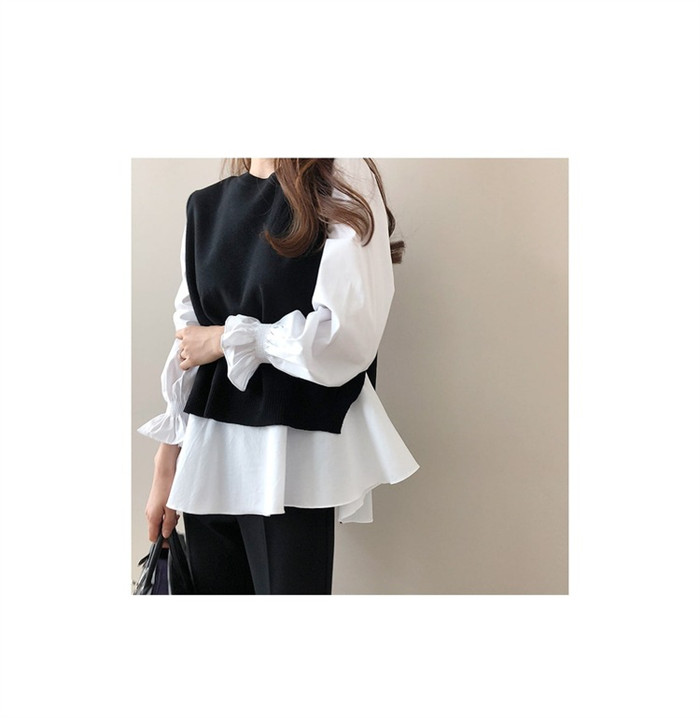<br>ニットシャツ 2点セット ニットベスト レイヤード シャツ×ニット セットアップ ニット チュニック ストライプ ブラウス シャツ 長袖 重ね着 バックスリット トップス 大人可愛い レディース ベスト 秋 韓国風 chic ゆったり 秋冬 大きいサイズ カジュアル 送料無料