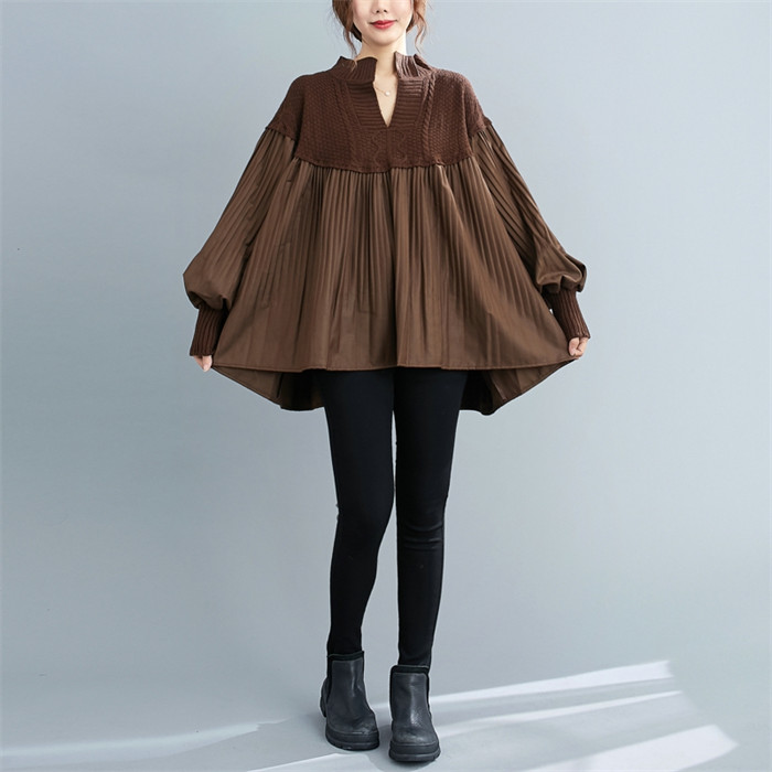<br>ワンピース 長袖 チュニックワンピ プリーツワンピース プリーツ ニット ニットワンピース リブスリープ バルーンスリープ 春秋 レディース きれいめ ぽわん袖 ゆったり 異素材 着やせ Vネック 無地 体型カバー ビッグシルエット カジュアル 大きいサイズ 送料無料