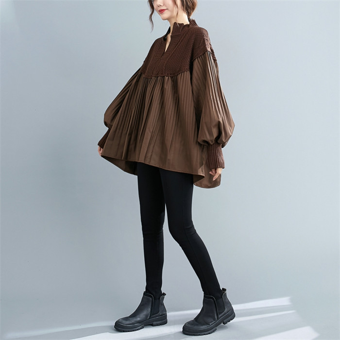 <br>ワンピース 長袖 チュニックワンピ プリーツワンピース プリーツ ニット ニットワンピース リブスリープ バルーンスリープ 春秋 レディース きれいめ ぽわん袖 ゆったり 異素材 着やせ Vネック 無地 体型カバー ビッグシルエット カジュアル 大きいサイズ 送料無料