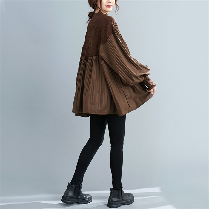 <br>ワンピース 長袖 チュニックワンピ プリーツワンピース プリーツ ニット ニットワンピース リブスリープ バルーンスリープ 春秋 レディース きれいめ ぽわん袖 ゆったり 異素材 着やせ Vネック 無地 体型カバー ビッグシルエット カジュアル 大きいサイズ 送料無料