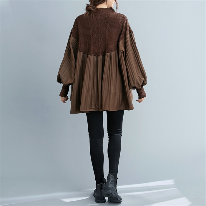<br>ワンピース 長袖 チュニックワンピ プリーツワンピース プリーツ ニット ニットワンピース リブスリープ バルーンスリープ 春秋 レディース きれいめ ぽわん袖 ゆったり 異素材 着やせ Vネック 無地 体型カバー ビッグシルエット カジュアル 大きいサイズ 送料無料