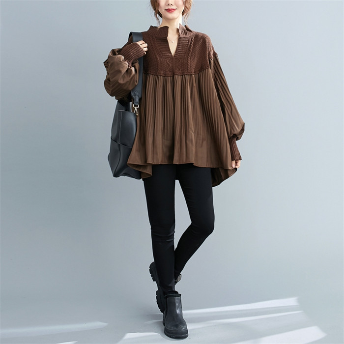 <br>ワンピース 長袖 チュニックワンピ プリーツワンピース プリーツ ニット ニットワンピース リブスリープ バルーンスリープ 春秋 レディース きれいめ ぽわん袖 ゆったり 異素材 着やせ Vネック 無地 体型カバー ビッグシルエット カジュアル 大きいサイズ 送料無料