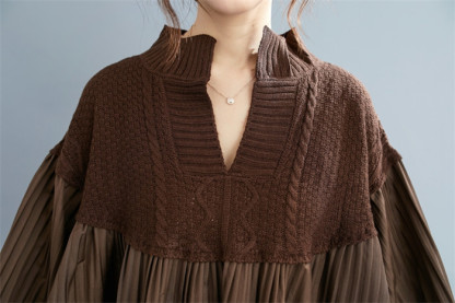 <br>ワンピース 長袖 チュニックワンピ プリーツワンピース プリーツ ニット ニットワンピース リブスリープ バルーンスリープ 春秋 レディース きれいめ ぽわん袖 ゆったり 異素材 着やせ Vネック 無地 体型カバー ビッグシルエット カジュアル 大きいサイズ 送料無料