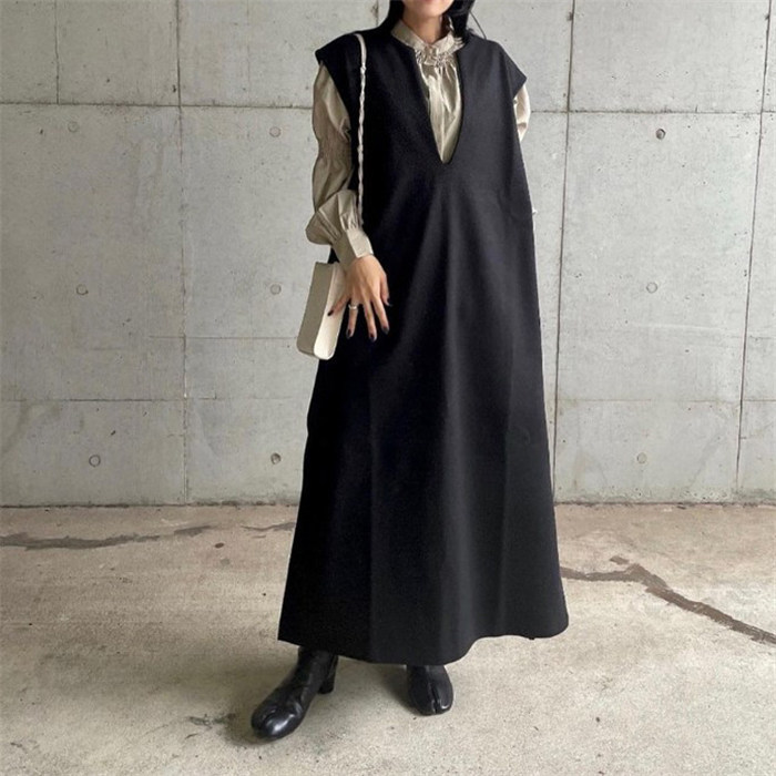 <br>ジャンパースカート 50代 ロング  大人 秋 冬 大きいサイズ Vネック キーネックジャンパースカート キーネック オールインワン レディース ロングワンピース ロングベスト ベストワンピース