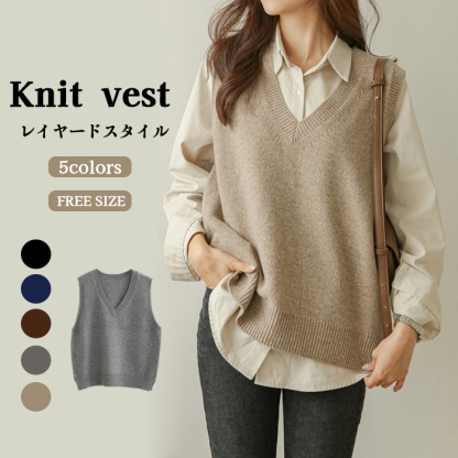 <br>ベスト レディース 秋冬 ニット vネック ニットベスト トップス ノースリーブ 重ね着風 韓国風 ニット レイヤード シンプル プルオーバー おしゃれ 無地 カジュアル 大人 可愛い 暖かい ゆったり 通勤 着痩せ 体型カバー 送料無料