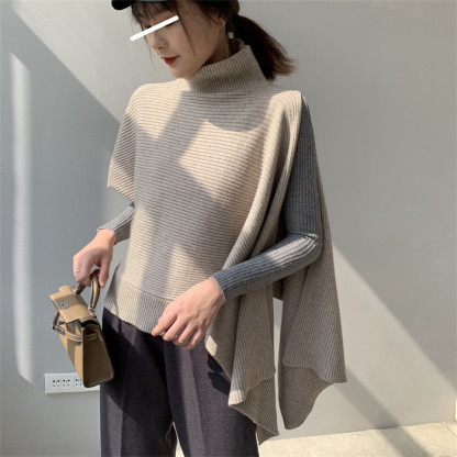 <br>ニットベスト 変形 グレー ベスト ニット セーター トップス レディース ノースリーブ 半袖 ハイネック タートルネック ストール チョッキ 秋冬