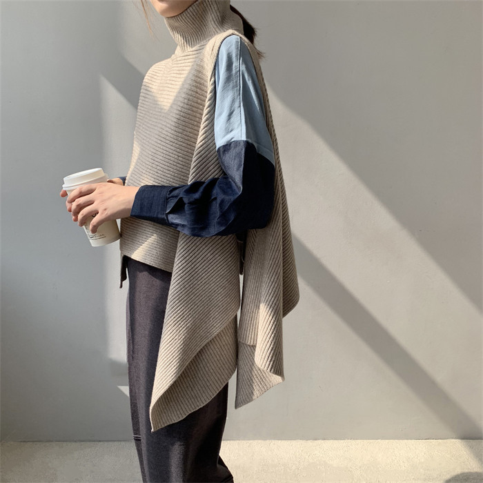 <br>ニットベスト 変形 グレー ベスト ニット セーター トップス レディース ノースリーブ 半袖 ハイネック タートルネック ストール チョッキ 秋冬