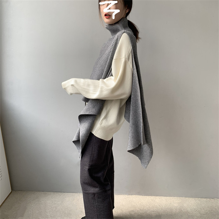 <br>ニットベスト 変形 グレー ベスト ニット セーター トップス レディース ノースリーブ 半袖 ハイネック タートルネック ストール チョッキ 秋冬