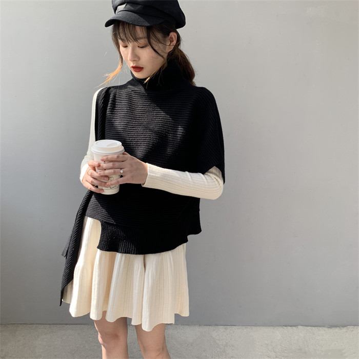 <br>ニットベスト 変形 グレー ベスト ニット セーター トップス レディース ノースリーブ 半袖 ハイネック タートルネック ストール チョッキ 秋冬