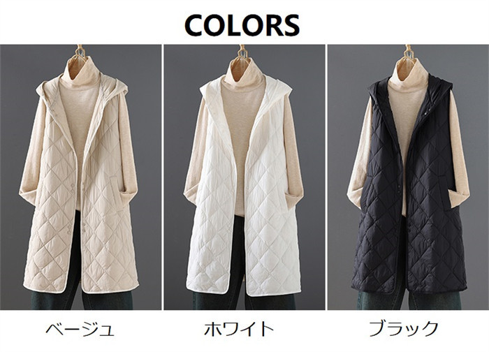 <br>ダウンベスト レディース フード付き 大きいサイズ ロング ジレ ロングジレ ロングダウンベスト アウター ジャケット ベスト 中綿 フェイクダウン 上着 羽織り ハイネック 軽い 軽量 秋 フェイク 通勤 通学 暖かい 無地 お出かけ 秋冬 体型カバー 防寒保温送料無料
