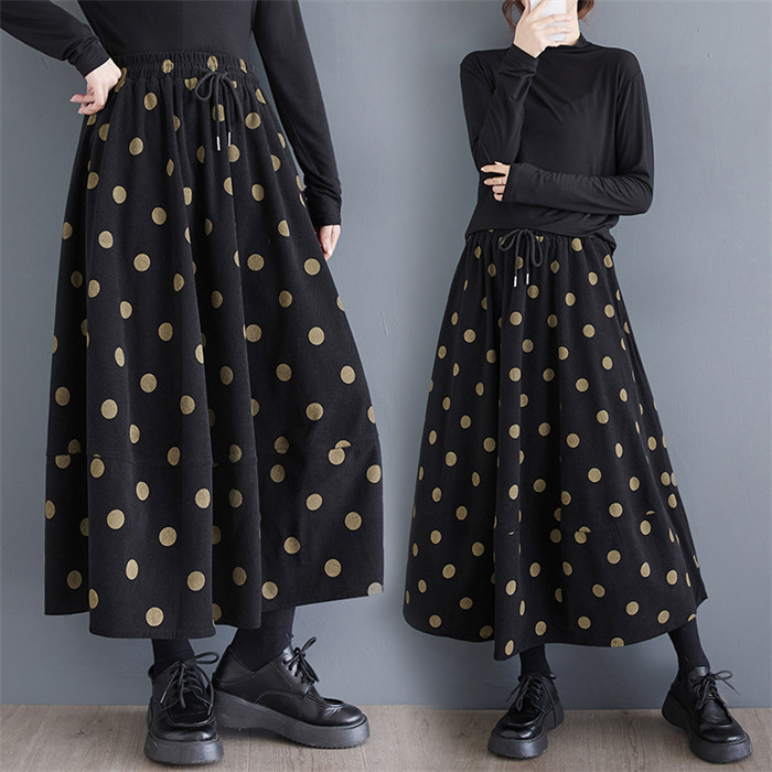 スカート ロング 厚手 秋冬 レディース 黒 大きいサイズ コーデュロイ 冬 フレアスカート ドット 水玉 フレア バルーンスカート ボトムス 秋 秋物 ロングスカート ミモレ丈 シンプル きれいめ 大人 可愛い ブラック カジュアル 大人可愛い 送料無料
