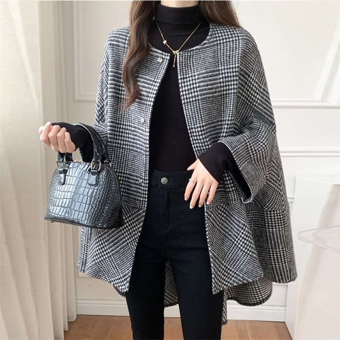 <br>ポンチョ レディース ケープコート ジュノア ジャケット アウター チェック 送料無料 韓国ファッション ショート ポンチョコート ノーカラー ゆったり 上品 大人 高見え 人気 秋 冬