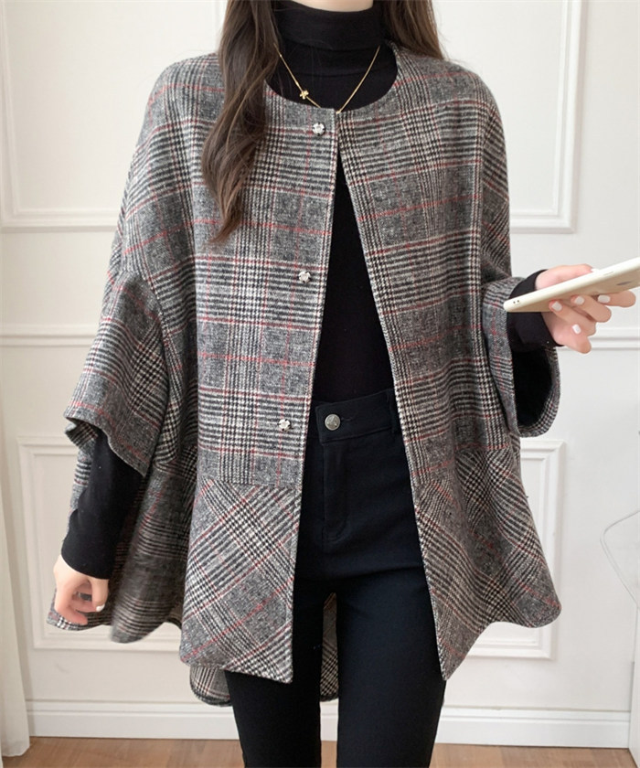 <br>ポンチョ レディース ケープコート ジュノア ジャケット アウター チェック 送料無料 韓国ファッション ショート ポンチョコート ノーカラー ゆったり 上品 大人 高見え 人気 秋 冬