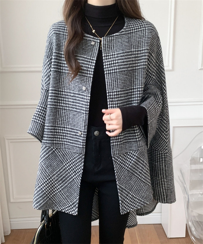 <br>ポンチョ レディース ケープコート ジュノア ジャケット アウター チェック 送料無料 韓国ファッション ショート ポンチョコート ノーカラー ゆったり 上品 大人 高見え 人気 秋 冬