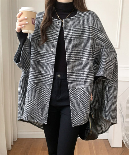 <br>ポンチョ レディース ケープコート ジュノア ジャケット アウター チェック 送料無料 韓国ファッション ショート ポンチョコート ノーカラー ゆったり 上品 大人 高見え 人気 秋 冬